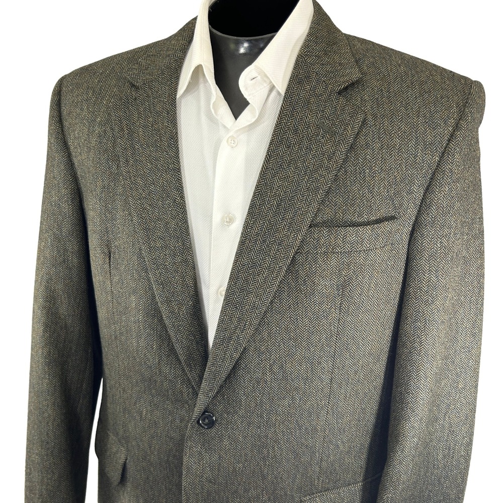 Jos. A. Bank Tweed Sport Coat 44L Green Herringbone 100% Wool Two Button Blazer